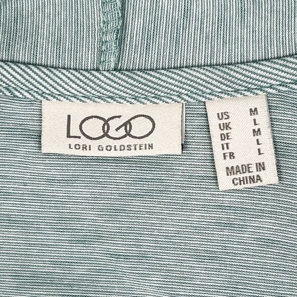 LOGO Lori Goldstein Pinstripe Lace Trim Green Knit Open Front Cardigan Medium - Picture 8 of 10